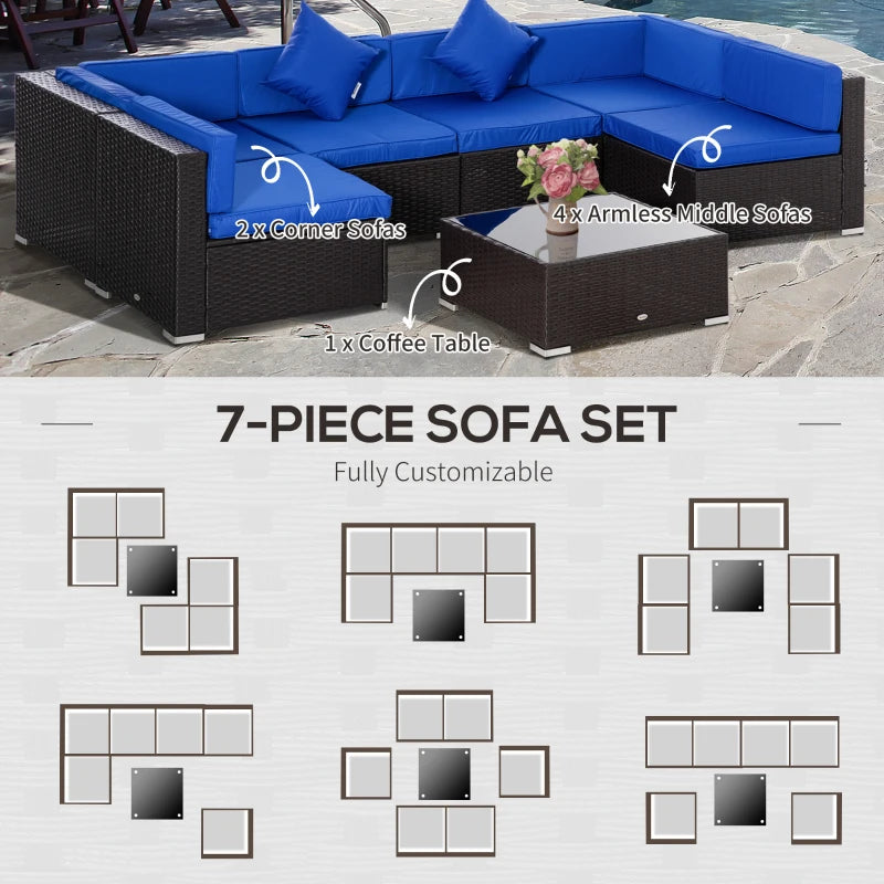 Ensemble de meubles d'extérieur en rotin 7 pièces, ensemble de canapé de conversation sectionnel en osier pour patio, bleu