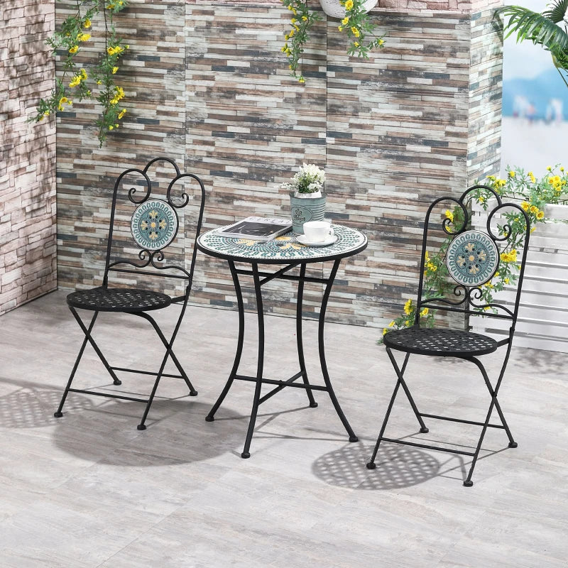 Ensemble bistro de Patio 3 pièces avec chaises pliantes, ensemble de café d'extérieur avec dessus en mosaïque pour jardin, balcon, bord de piscine, vert