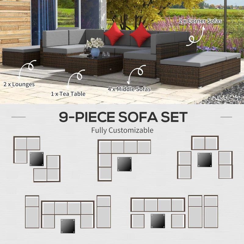 Ensemble de meubles de terrasse en osier 9 pièces avec coussin, gris clair