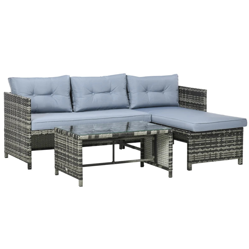 Ensemble de meubles de patio extérieur 3 pièces avec causeuse, chaise longue, table et coussins en verre trempé, ensemble de conversation sectionnel en osier et rotin pour jardin, gris