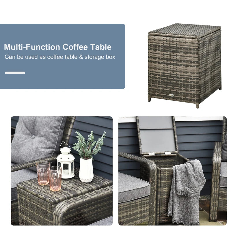 Ensemble bistro de terrasse 3 pièces avec 2 chaises rembourrées et 1 table d'appoint de rangement, ensemble de canapé de jardin en rotin PE avec housse de coussin amovible, gris