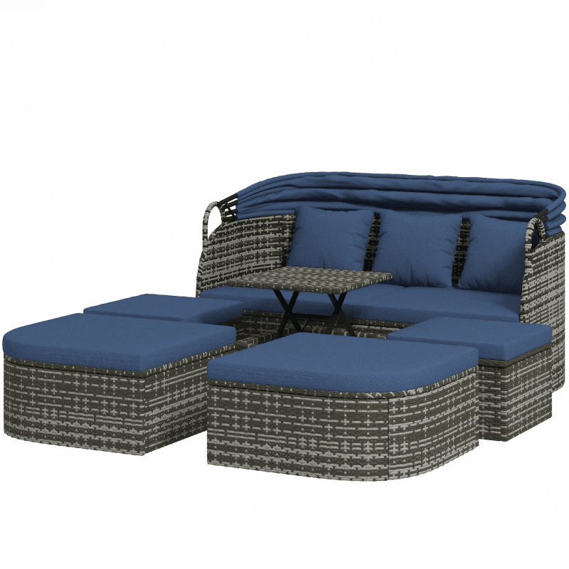 Ensemble de Patio 6 pièces, lit de repos d'extérieur en rotin PE avec auvent et Table basse relevable, ensembles de canapés de Conversation avec/repose-pieds