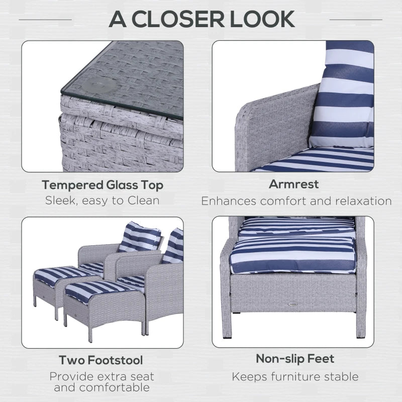 Ensemble de 5 meubles de patio en osier avec coussins rembourrés épais, ensemble de café de conversation en rotin PE avec fauteuils, repose-pieds et table en verre, bleu et blanc