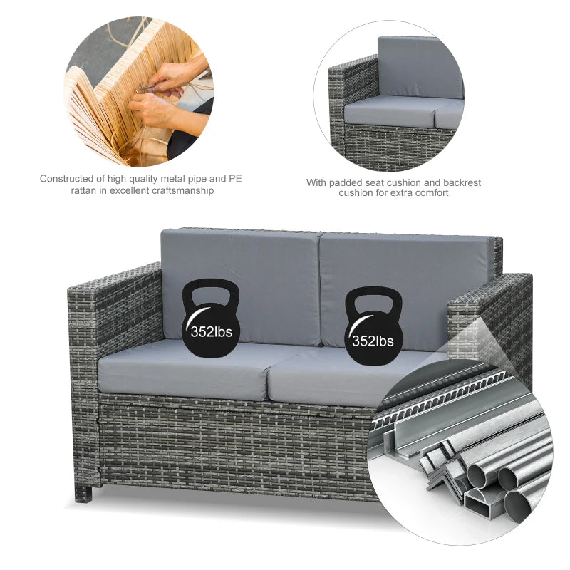 Causeuse de patio 2 places de luxe en osier, meuble d'extérieur en rotin, toutes saisons avec coussin pour balcon, terrasse, jardin et bord de piscine, gris