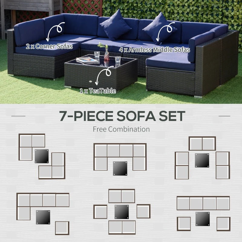 Ensemble de meubles de patio 7 pièces, ensemble de conversation en plein air en rotin, ensemble de canapé de jardin en osier, meubles sectionnels, bleu marine