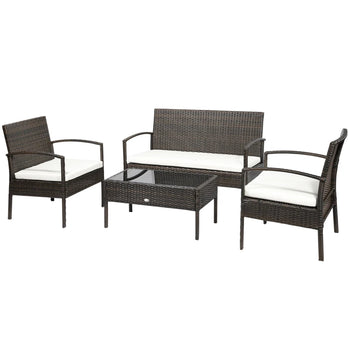 Ensembles de meubles de patio 4 pièces avec une causeuse, deux fauteuils et une table basse, ensemble de conversation en plein air avec table en verre et coussins blanc crème
