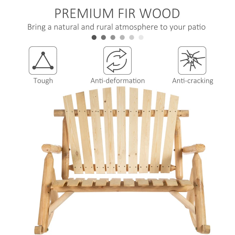 Chaise à bascule Adirondack en bois, chaise à bascule double rustique d'extérieur avec design à lattes pour 2 personnes, convient pour jardin, balcon, porche, bois naturel