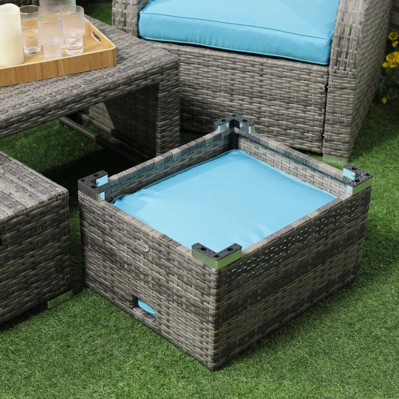Ensemble de meubles de patio 6 pièces, ensemble de conversation en osier, canapé 3 places rembourrés en rotin, 2 fauteuils inclinables réglables, 2 repose-pieds et table pour pelouse, jardin, jardin, bleu ciel