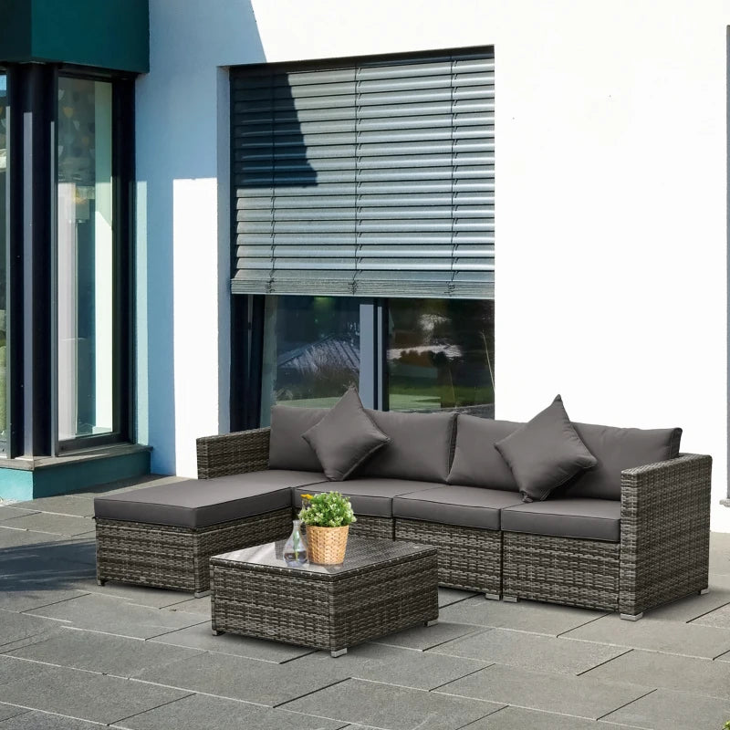 Ensemble de 6 meubles de patio en osier et rotin PE avec coussins épais, canapé sectionnel de jardin de luxe avec table en verre, gris mélangé et charbon de bois