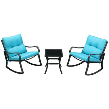 Ensemble de 3 chaises à bascule en osier pour terrasse, meubles d'extérieur en rotin PE avec 2 bascules et 1 table basse avec coussins rembourrés pour terrasse, cour, jardin, bleu
