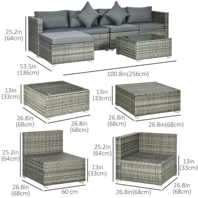 Ensemble de 6 meubles de patio en osier et rotin PE avec coussins épais, canapé sectionnel de jardin de luxe avec table en verre, gris mélangé et gris foncé