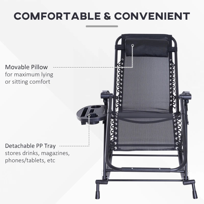 Chaise longue inclinable réglable 2 en 1 à gravité zéro, fauteuil de jardin inclinable et à bascule, chaise longue pliable, siège de sieste avec appui-tête et plateau noir