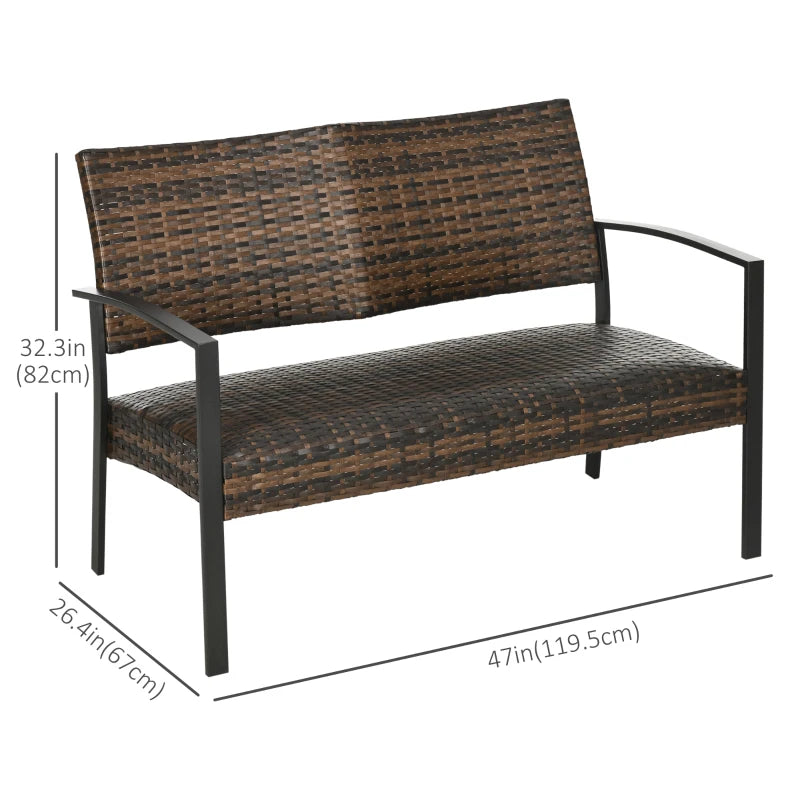 Causeuse en osier, canapé de meubles de patio pour 2 personnes, canapé d'extérieur en rotin avec mousse à séchage rapide et cadre en acier pour balcon, terrasse, jardin et bord de piscine, marron