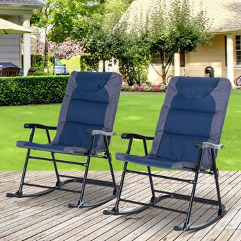 Ensemble de 2 chaises à bascule pliables pour patio, avec siège, dossier et appui-tête rembourrés, pour parc, cour, jardin, bleu marine