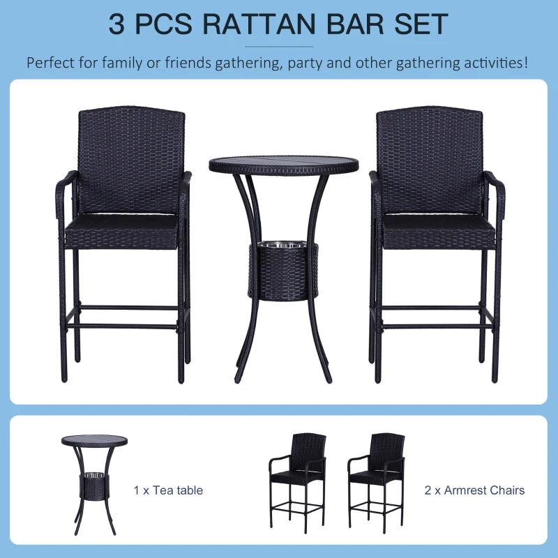 Ensemble de bar de patio 3 pièces, table de bistro en rotin et chaises hautes, mobilier de conversation d'extérieur en osier de jardin avec seau à glace, ensemble de conversation, marron