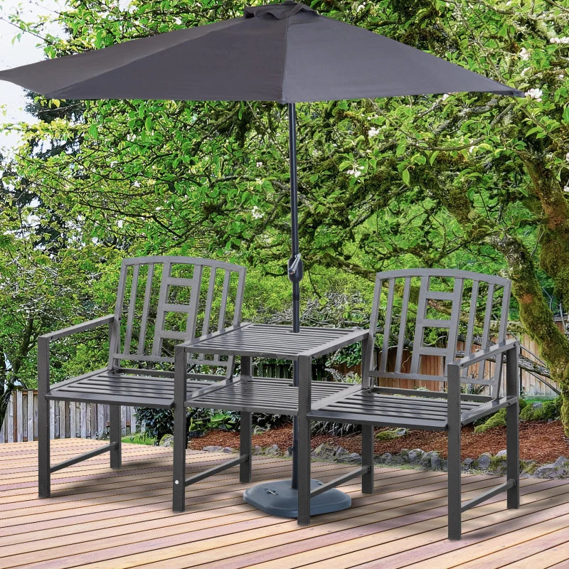 Banc de jardin en acier avec table centrale, trou pour parasol, siège double pour extérieur, patio, cadre résistant aux intempéries, noir