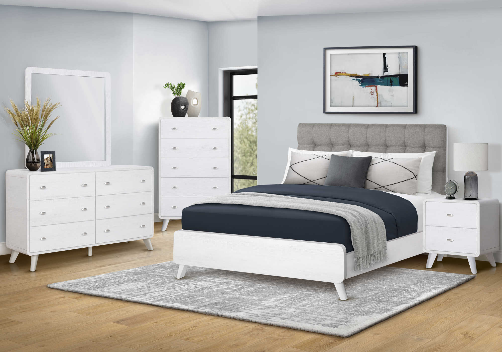 BEDROOM SET - QUEEN SIZE BED / GREY FABRIC WHITE OAK FINISH / I 5290Q