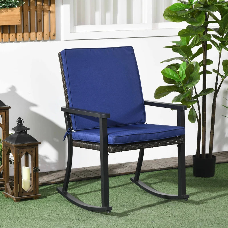 Chaise à bascule en osier pour patio, chaise à bascule d'extérieur en rotin PE avec dossier haut, accoudoir, coussin de siège, bleu