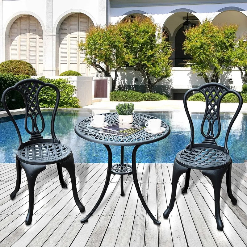 Ensemble bistro extérieur antique 3 pièces, table et chaises de patio en fonte d'aluminium avec trou pour parasol, noir