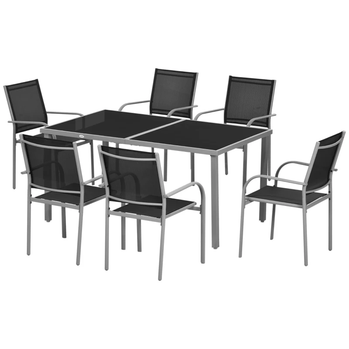 Ensemble de salle à manger d'extérieur 7 pièces avec table et 6 chaises empilables, structure en acier, plateau en verre trempé, sièges en maille, noir