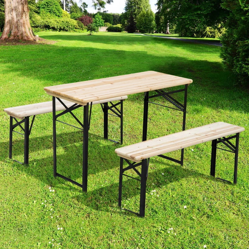 Ensemble de Table de pique-nique pliante 3 pièces, ensemble de Table de pique-nique pliante Portable, 1 Table de pique-nique et 2 bancs, naturel