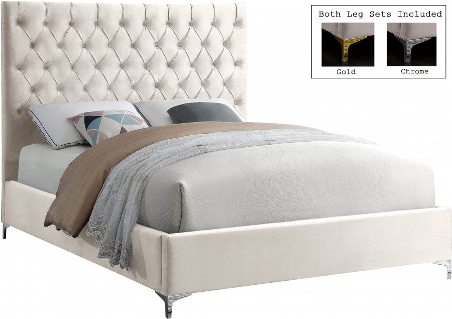 Lit en Velours Crème - Capitonnage Profond, Pieds en Or et Chrome Inclus avec Chaque Lit