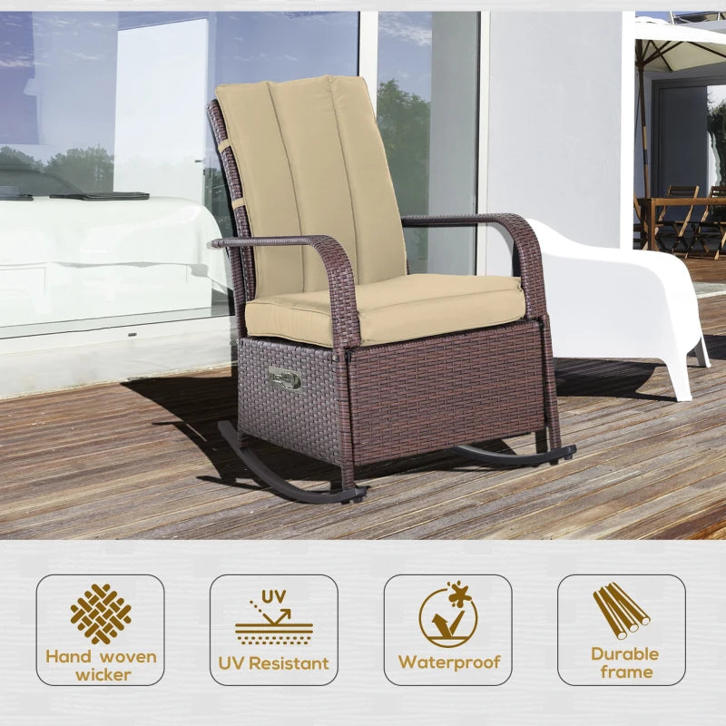 Chaise à bascule d'extérieur en osier, fauteuil inclinable en rotin PE avec coussin, repose-pieds réglable, accoudoirs, kaki