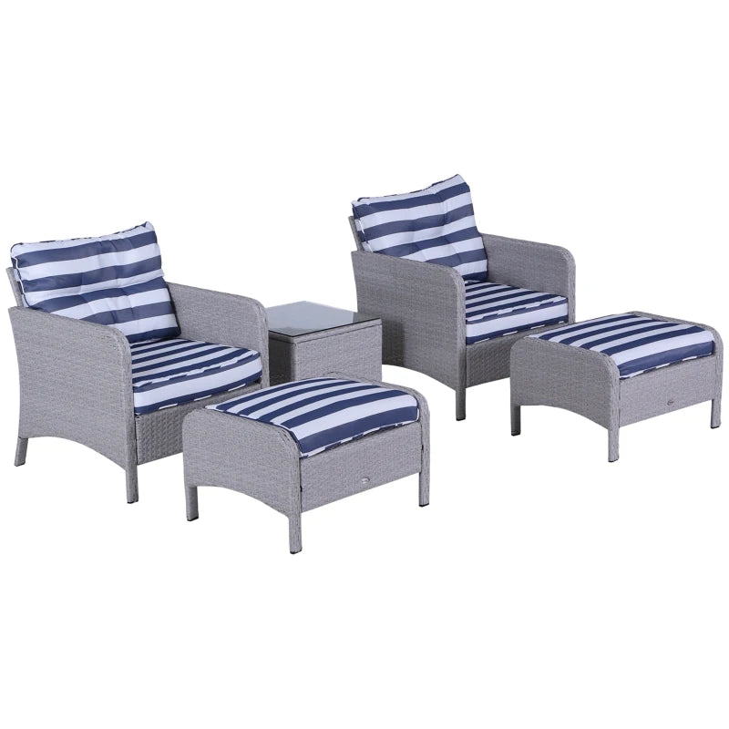 Ensemble de 5 meubles de patio en osier avec coussins rembourrés épais, ensemble de café de conversation en rotin PE avec fauteuils, repose-pieds et table en verre, bleu et blanc