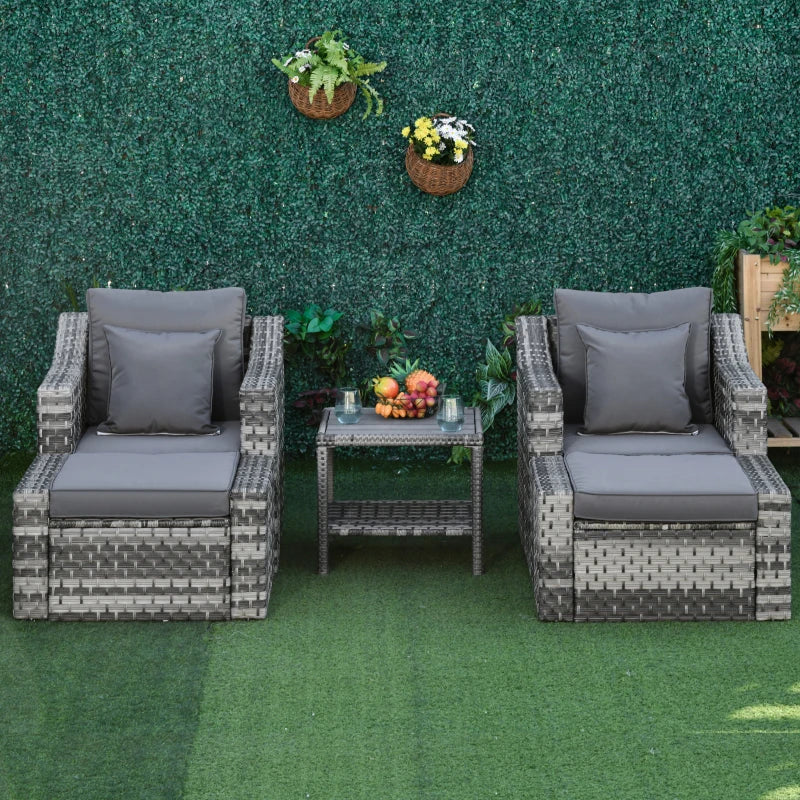 Ensemble de meubles de patio 5 pièces, ensemble de conversation d'extérieur en rotin et osier avec 2 chaises rembourrées, 2 poufs et table basse, gris