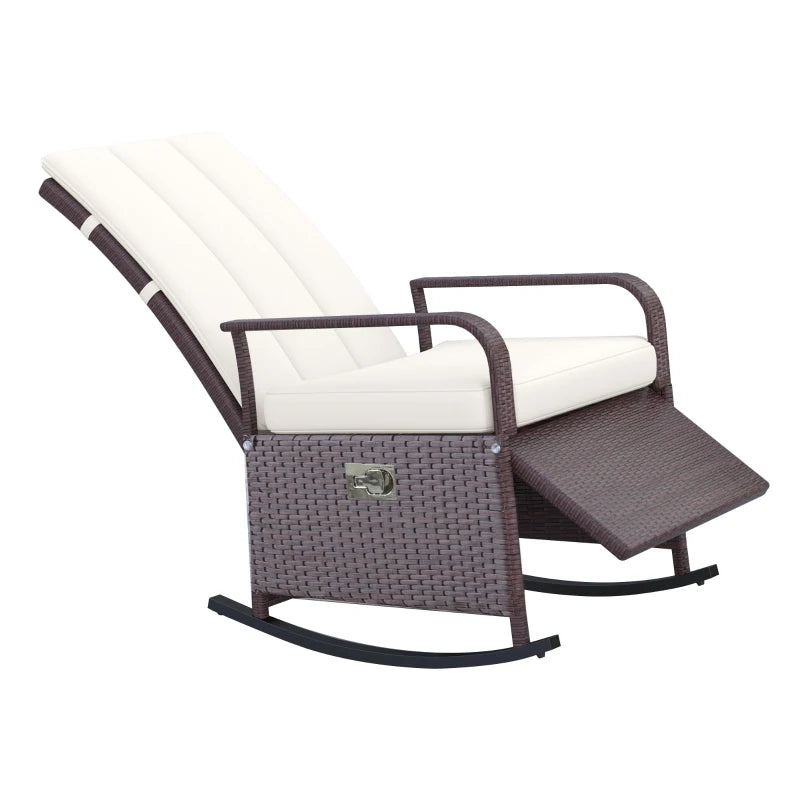 Chaise à bascule d'extérieur en osier avec coussin, chaise inclinable en rotin PE avec repose-pieds réglable, accoudoirs, blanc crème