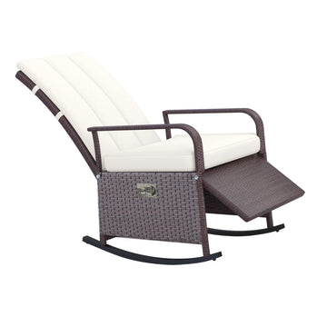 Chaise à bascule d'extérieur en osier avec coussin, chaise inclinable en rotin PE avec repose-pieds réglable, accoudoirs, blanc crème