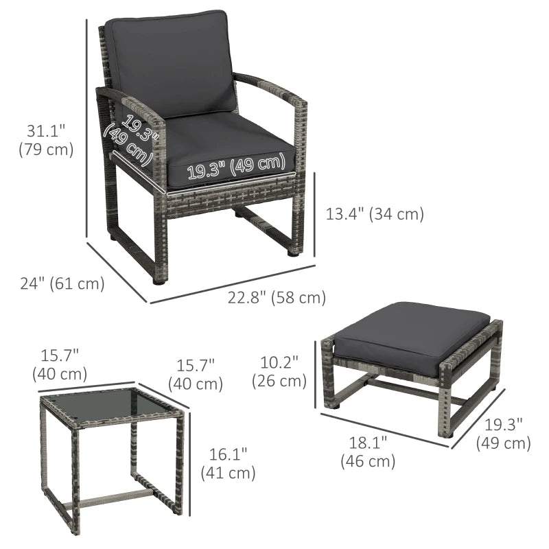 5 pièces Ensemble de meubles de patio avec fauteuil, tabouret, table, coussins, canapé de conversation en osier extérieur pour jardin