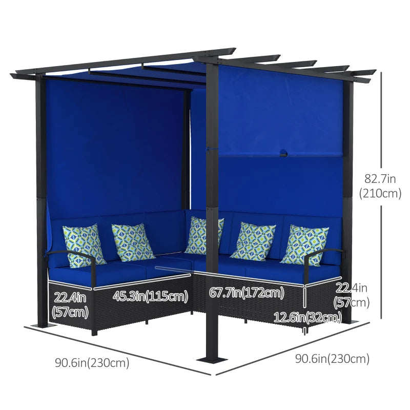 Meubles de patio en osier, ensemble de canapé d'extérieur en rotin PE avec pergola à auvent rétractable, abri d'ombrage pour terrasse, piscine, jardin, terrasse, bleu