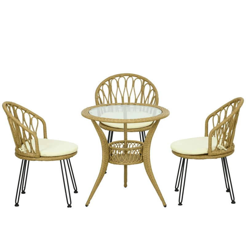 Ensemble de salle à manger en rotin 4 pièces avec panier de rangement, plateau de Table en verre trempé, pour jardin, cour, balcon, marron clair