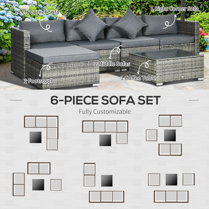 Ensemble de 6 meubles de patio en osier et rotin PE avec coussins épais, canapé sectionnel de jardin de luxe avec table en verre, gris mélangé et gris foncé