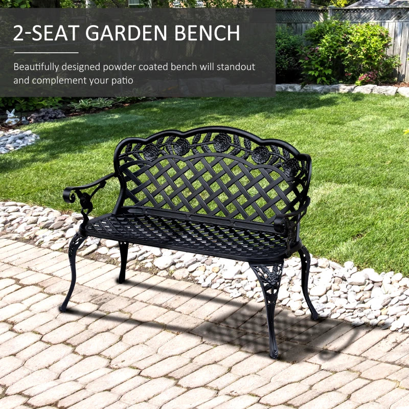 Banc de jardin en métal, causeuse d'extérieur 2 places avec accoudoirs et dossier à volutes florales, 42,1"x22,8"x33,5", noir