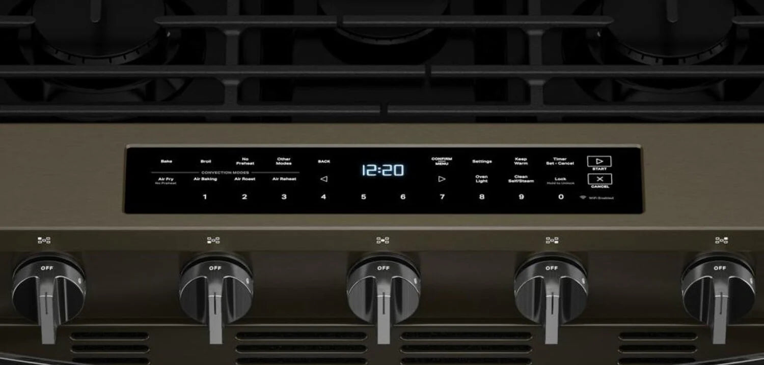 Cuisinière à gaz intelligente Whirlpool 30 po, 5 pi³, cuisson à air, acier inoxydable noir