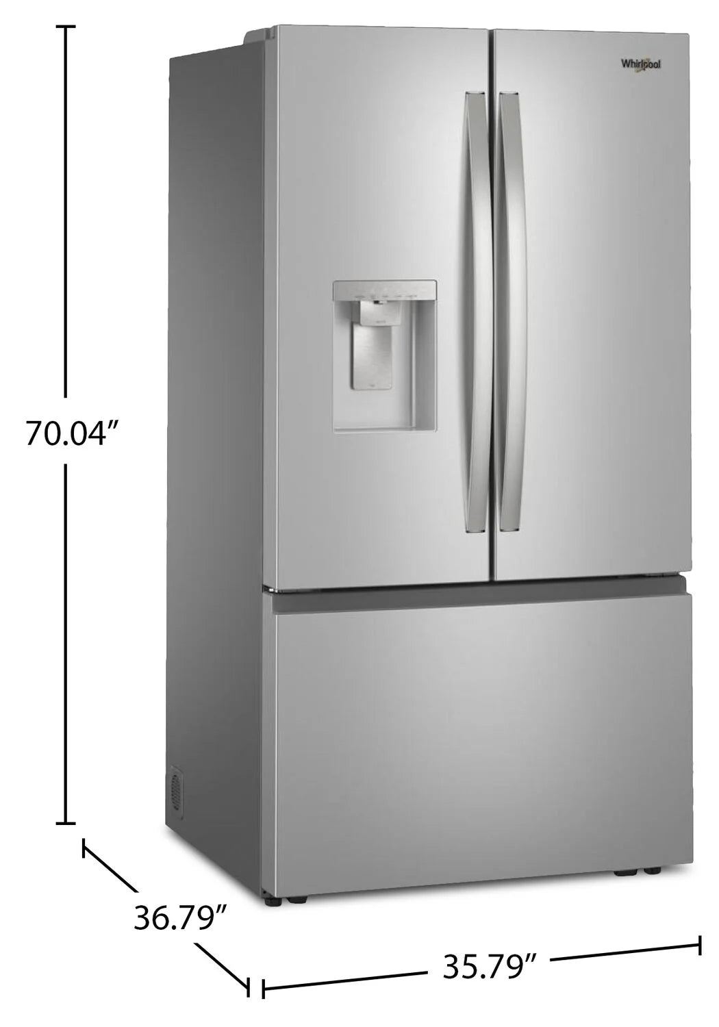 Réfrigérateur Whirlpool 36 po Portes Françaises 30 pi³ Inox