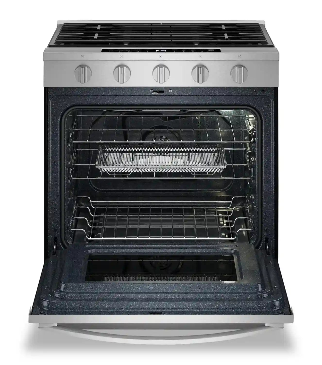 Cuisinière à gaz intelligente Whirlpool 30 po, 5 pi³, cuisson à air, acier inoxydable noir