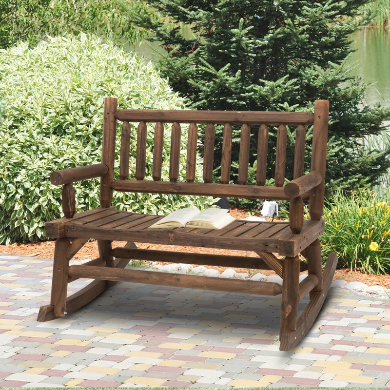 Bascule de patio en bois pour 2 personnes, chaise à bascule d'extérieur, banc à bascule de porche avec dossier et siège à lattes, couleur carbonisée