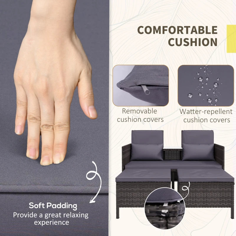 Meubles de rotin de patio, ensembles de canapés de conversation, meubles de balcon en osier en plein air avec table moyenne et coussin, gris