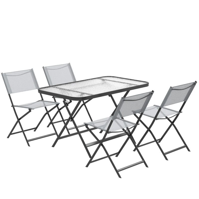 Table de salle à manger et chaises de patio pliables 5 pièces, ensemble de salle à manger d'extérieur pour 4 personnes avec grande table rectangulaire en verre et 4 chaises empilables pour véranda, jardin, terrasse, gris