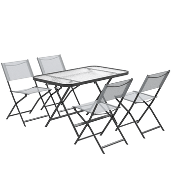 Table de salle à manger et chaises de patio pliables 5 pièces, ensemble de salle à manger d'extérieur pour 4 personnes avec grande table rectangulaire en verre et 4 chaises empilables pour véranda, jardin, terrasse, gris