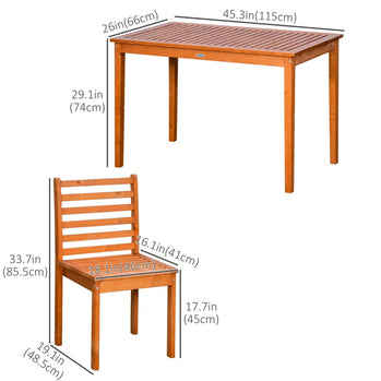 Ensemble de salle à manger de Patio 5 pièces pour 4 personnes, table et chaises d'extérieur en bois avec conception à lattes pour jardin, Patio, arrière-cour, Orange