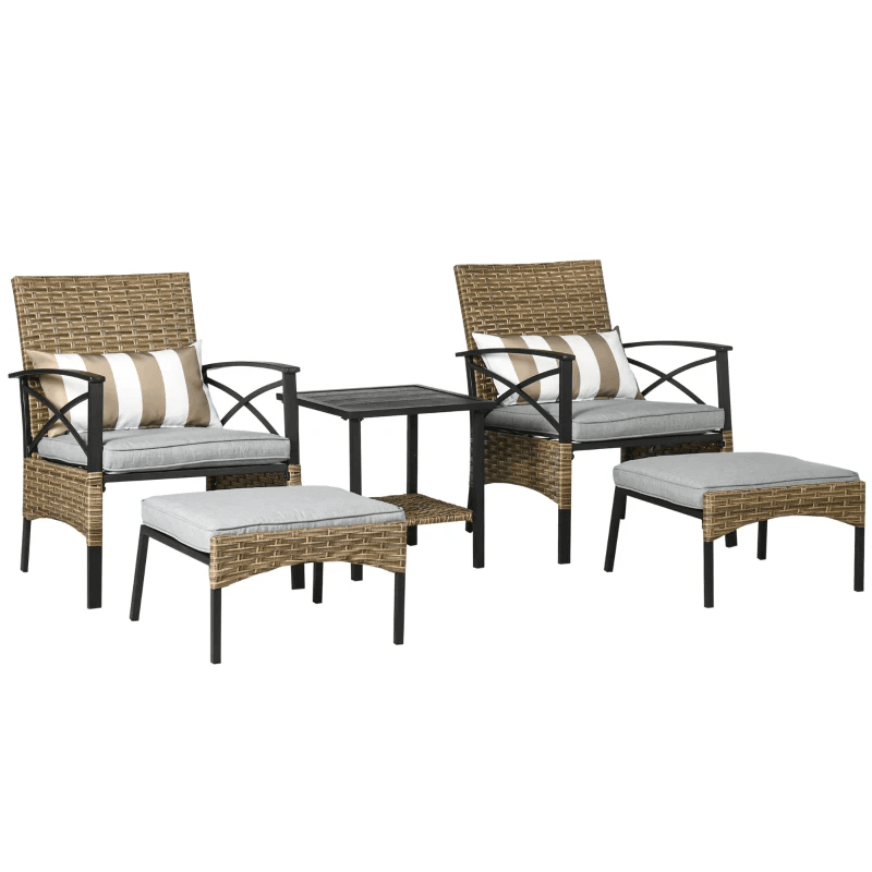Ensemble de meubles de jardin en rotin PE 5 pièces, 2 fauteuils, 2 tabourets, plateau en acier avec étagère en osier, sièges d'extérieur rembourrés, kaki