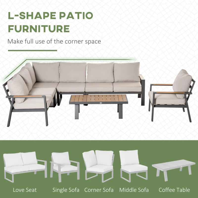 Ensemble de meubles de patio en forme de L, 6 pièces pour 7 personnes, ensemble de conversation en aluminium, ensemble de canapé d'angle sectionnel avec siège élargi