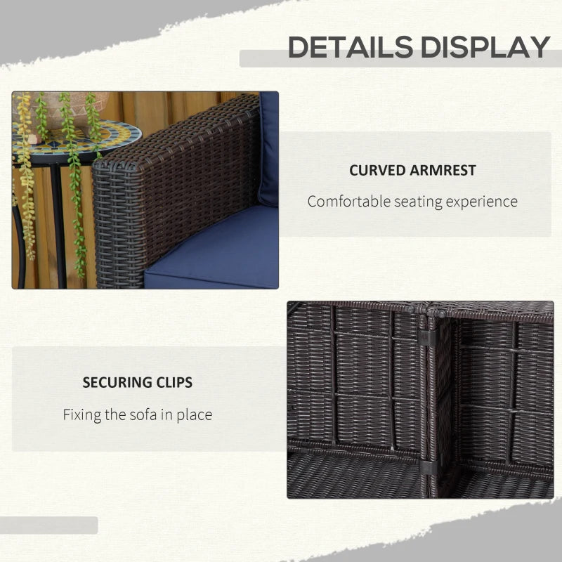 Ensemble de meubles de patio 2 pièces, causeuse d'extérieur, canapé d'angle en osier, combinaison libre de meubles en rotin PE, avec accoudoirs incurvés et coussin rembourré pour balcon, jardin, pelouse, bleu foncé