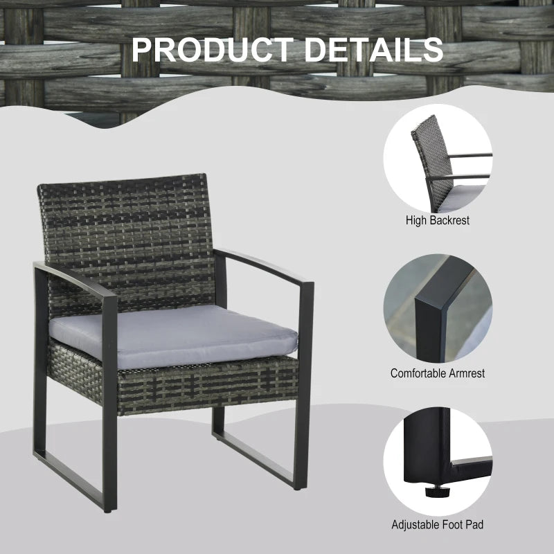 Ensemble de bistro en osier 3 pièces, mobilier d'extérieur en rotin, ensemble de conversation, table basse, chaise de jardin avec coussins et cadre en acier, gris