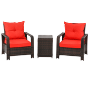 Ensemble bistro de terrasse 3 pièces avec 2 chaises rembourrées et 1 table d'appoint de rangement, ensemble de canapé de jardin en rotin PE avec housse de coussin amovible, rouge