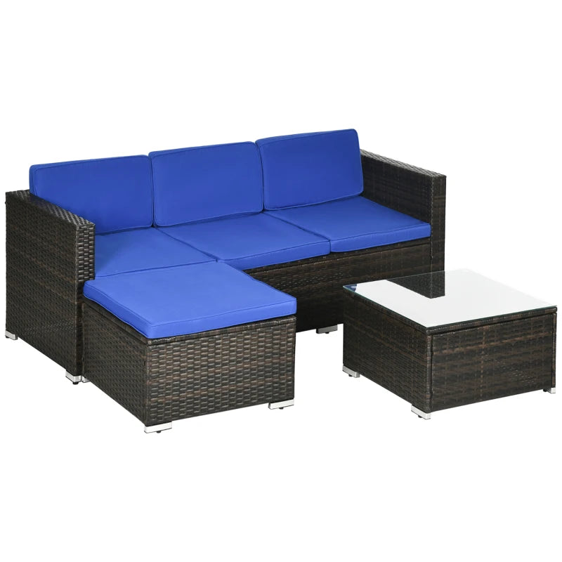 Ensemble de meubles de patio 3 pièces avec coussins, ensemble de canapé d'angle de conversation en osier et rotin PE avec table en verre et pied réglable pour jardin, pelouse, bleu